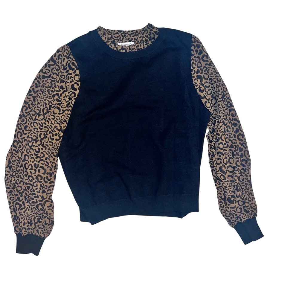 Nanette Lepore Sweater Women XL Black Brown Excellent Leopard Contrast Sleeve